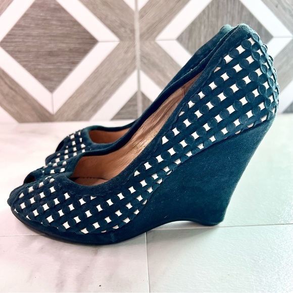 Duex lux vintage y2k suede black woven checkered peep toe wedge size 38 black - Picture 5 of 12